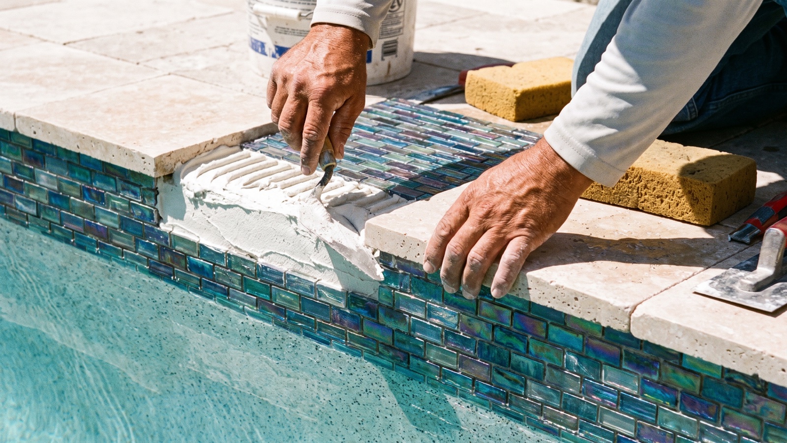 Kingfisher tile setter installing waterline tile on a new pool in Sarasota