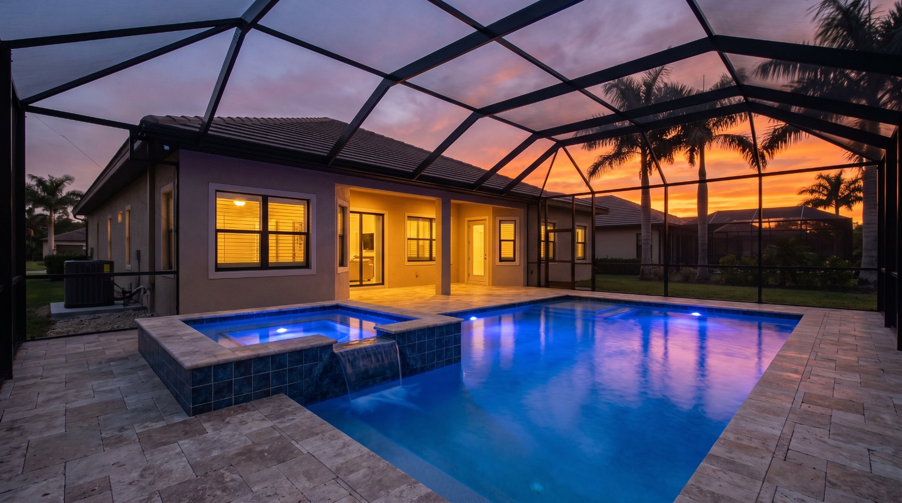 Pool at dusk with LED lighting